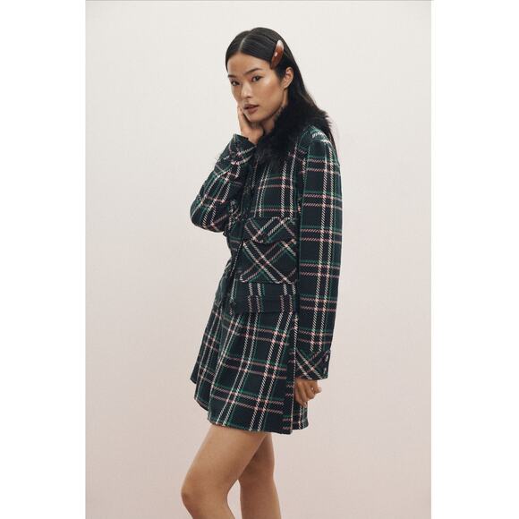 Anthropologie Maeve Plaid Faux Fur Collar Cropped Jacket Green Black Size L NWT - Picture 11 of 11